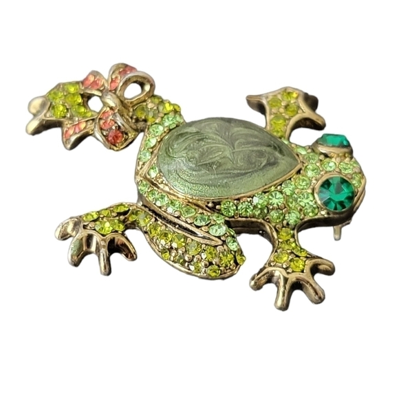 VINTAGE Gold Plated Rhinestone Green Frog Brooch - Picture 3 of 6
